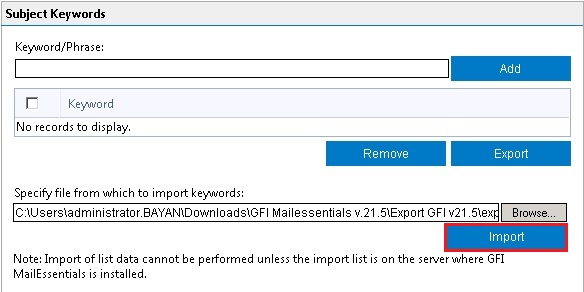 import keyword whitelist gfi mailessentials