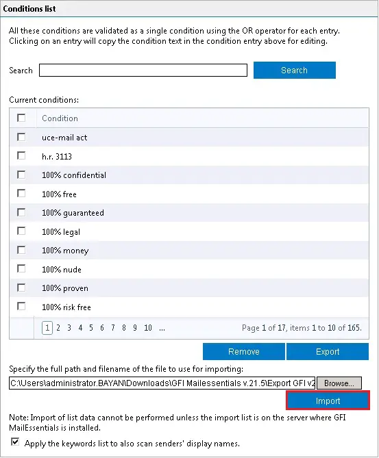 Spam Keyword Checking, Export &#038; Import Spam Keyword Checking GFI MailEssentials Configuration