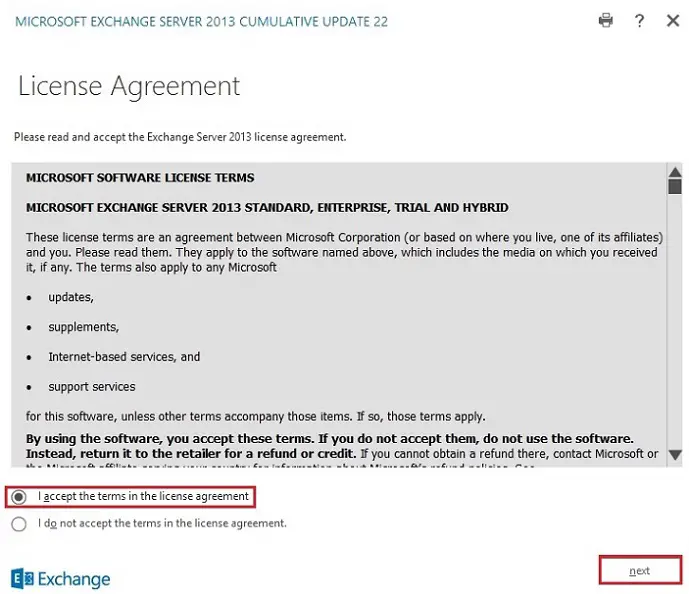 install exchange 2013 license agreement