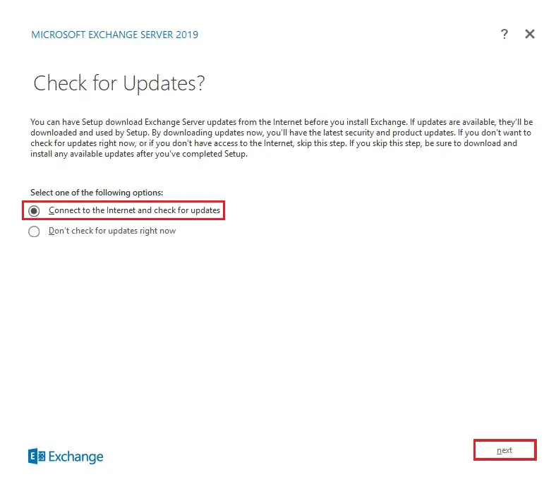 install exchange server 2019 check for upate
