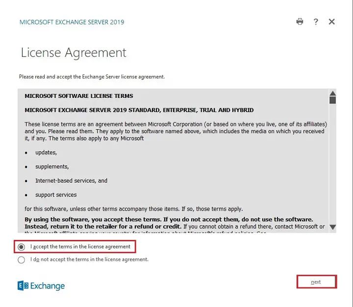 install exchange 2019 license agreement