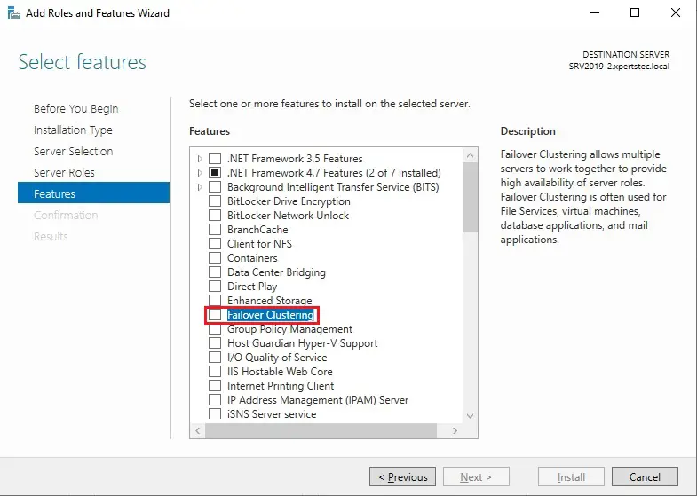install failover cluster features server 2019