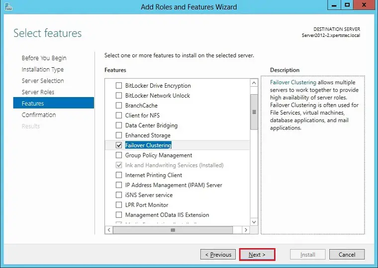 install failover cluster features server 2012