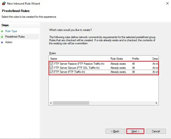 new inbound predefined rule