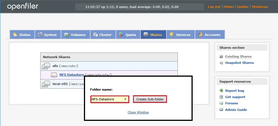 nfs create sub folder openfiler