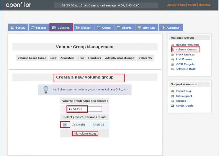 openfiler add volume group