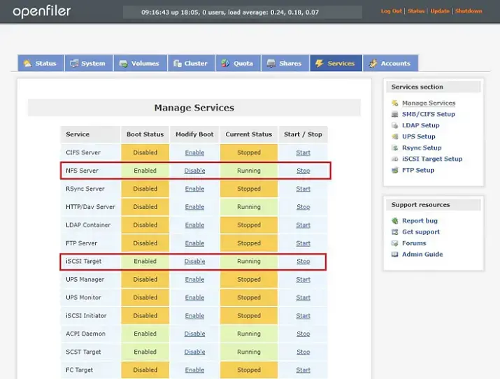 openfiler iscsi services enable