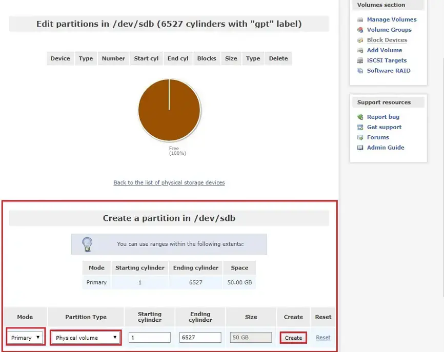 openfiler iscsi storage create partition