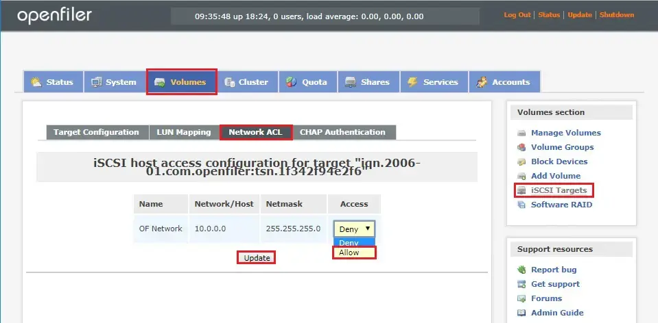 openfiler iscsi target allow