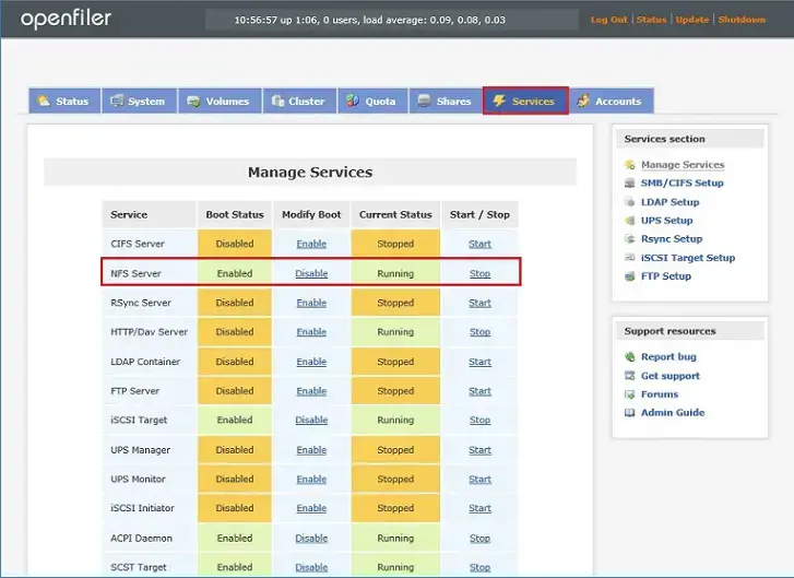 openfiler nfs service