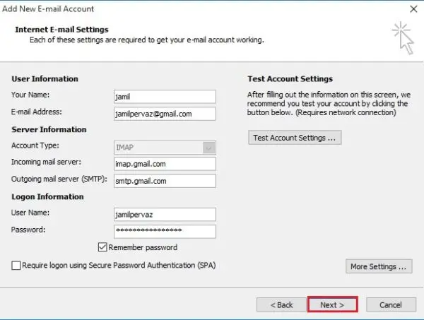 outlook internet email settings