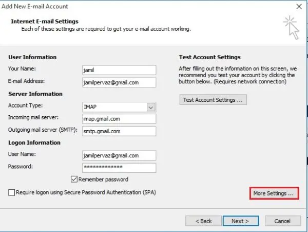 outlook internet email settings