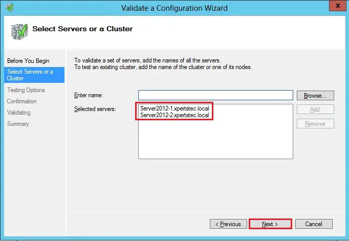 failover cluster validation select servers or cluster