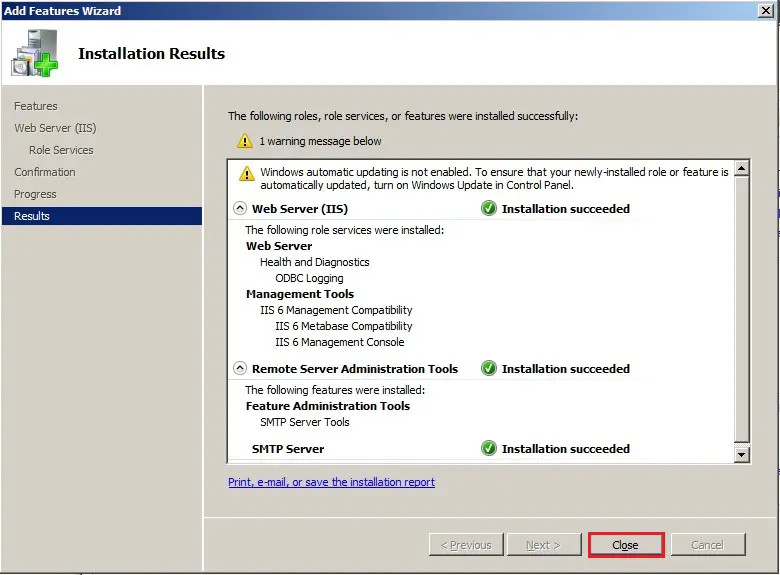 server 2008 iis smtp installation roles results