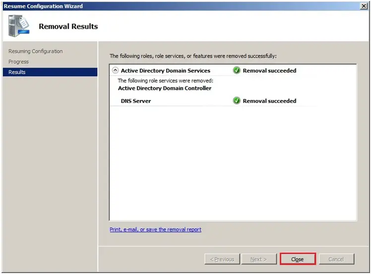 server 2008 roles removal results