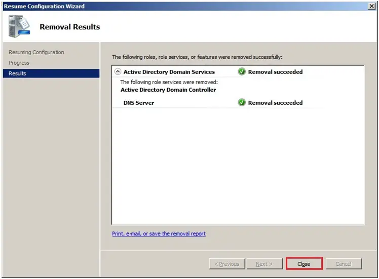 server 2008 removal result