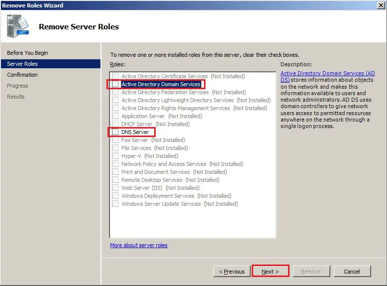 server 2008 remove roles dns server