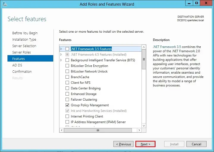 server 2012 active directory domain features
