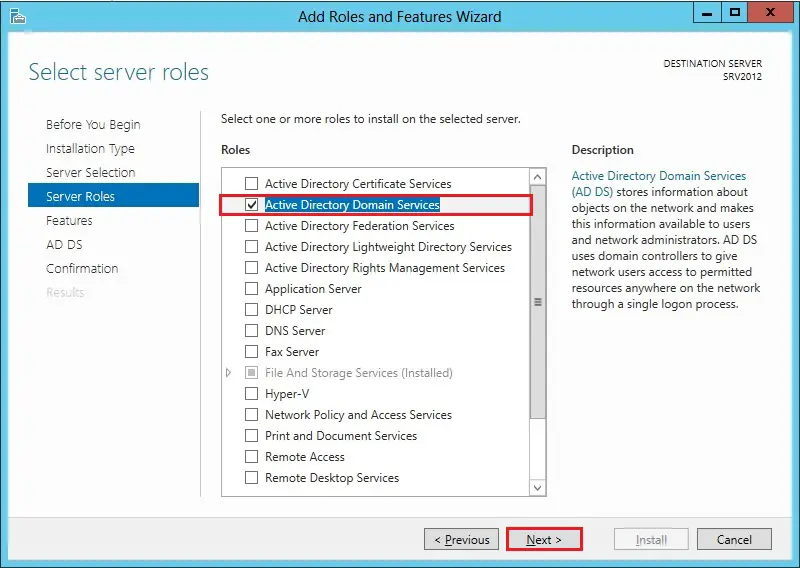 server 2012 roles active directory domain services