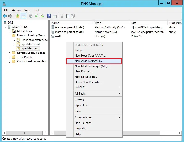 Create alias cname record in DNS Manager Server 2012 - XpertsTec