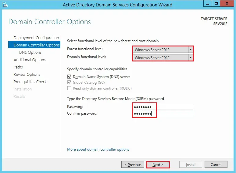 server 2012 domain controller options