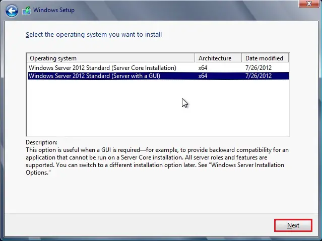 server 2012 select operating system