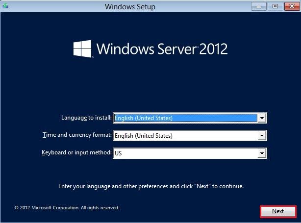 server 2012 setup language to install