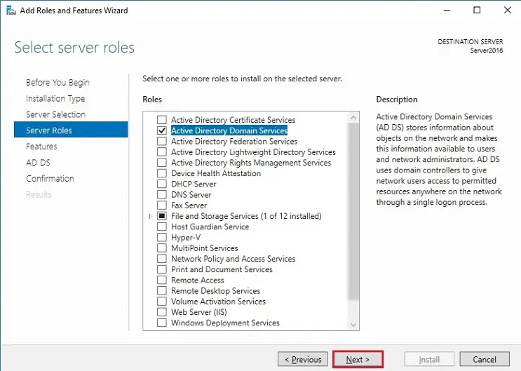 server 2016 role active directory domain services