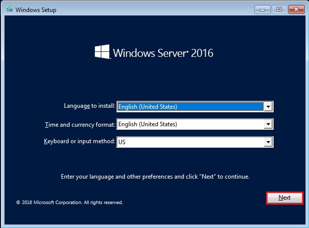 server 2016 setup language to install
