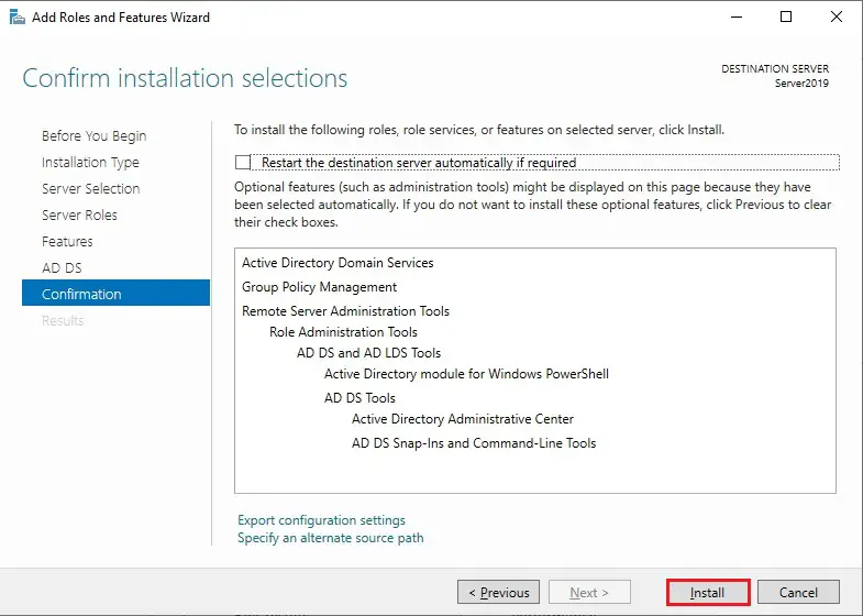 active director server 2019 confirm installation