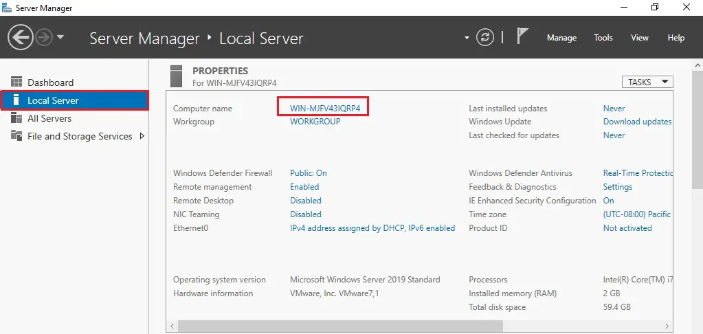 change computer name, How to change computer name in Windows Server 2019.