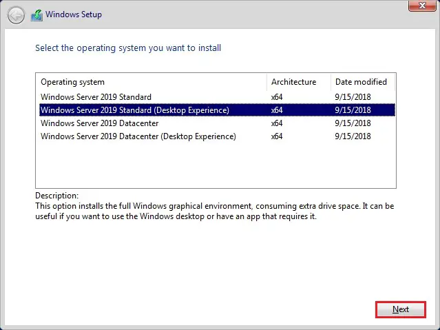 server 2019 select operating system