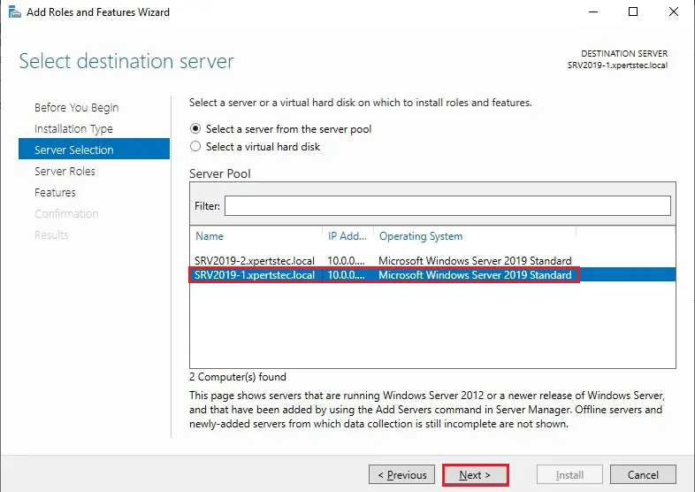 server 2019 server selection