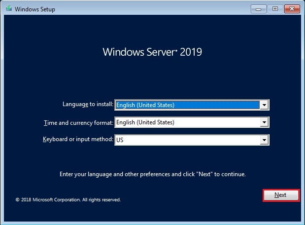 installation windows server 2019 language to install