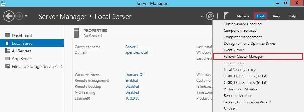 server manager tools 2012 failover cluster manager