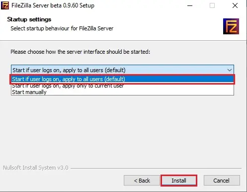 filezilla ftp server startup settings