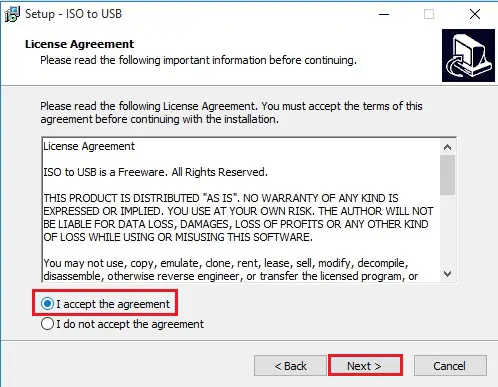 setup iso to usb wizard license agreement