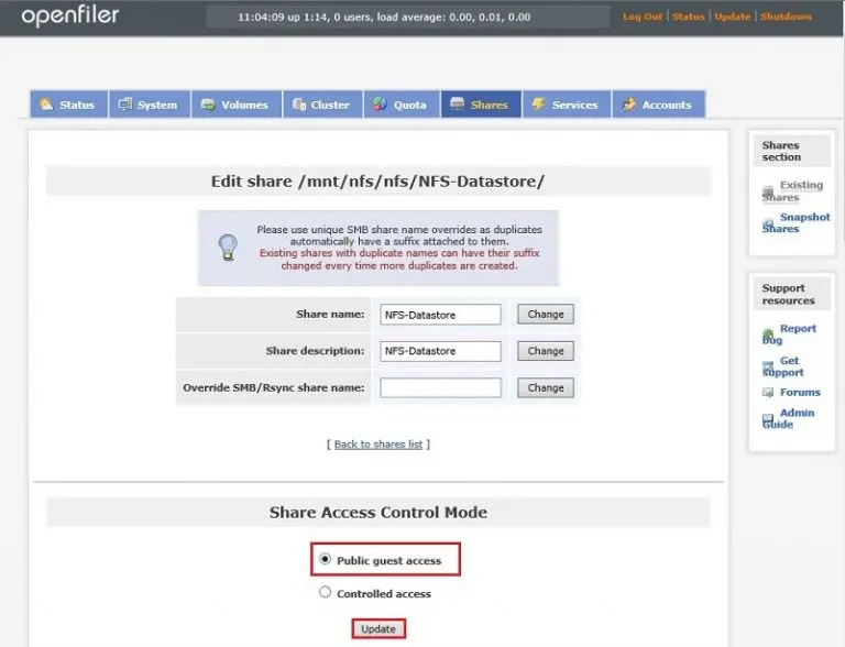 share access control mode openfiler