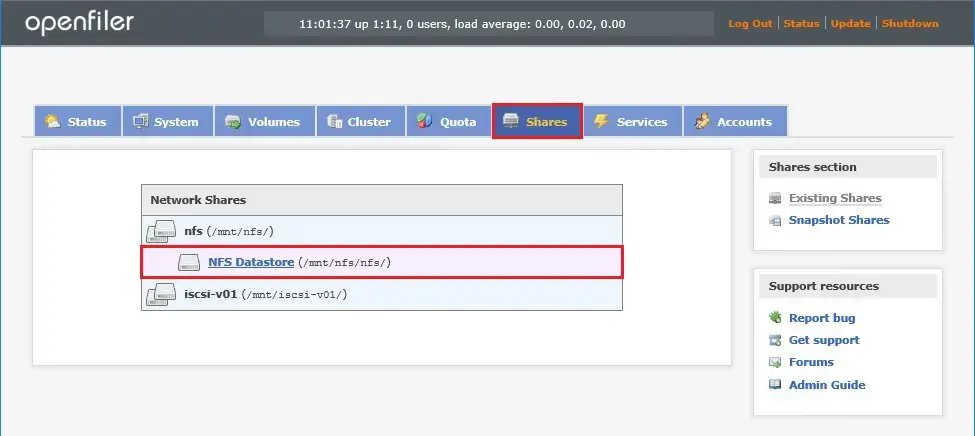 share nfs volume openfiler