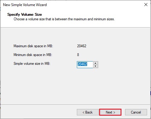 simple volume wizard disk size