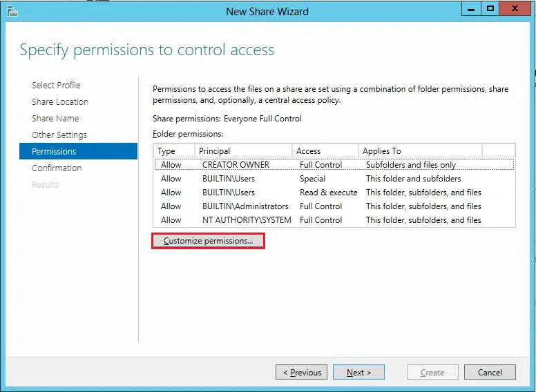 smb file share customize permissions