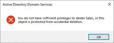 Sufficient privileges to delete ou error
