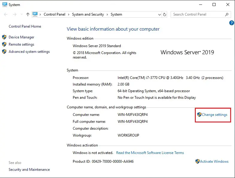 change computer name, How to change computer name in Windows Server 2019.