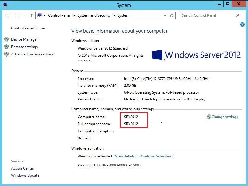 system properties server 2012