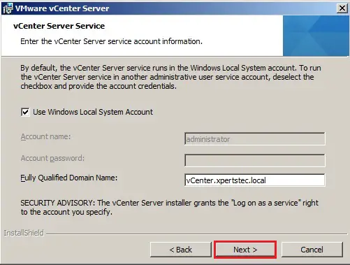 vcenter 5.5 installation system account