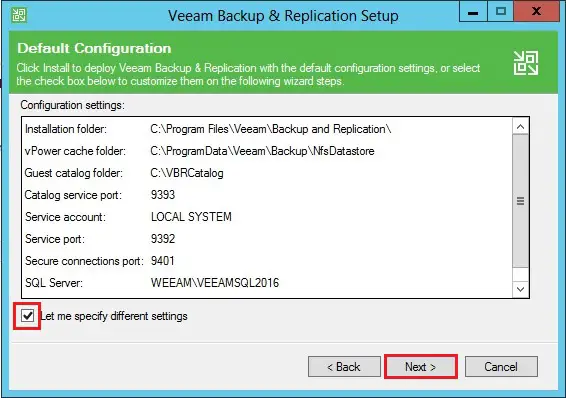 veeam backup installation settings