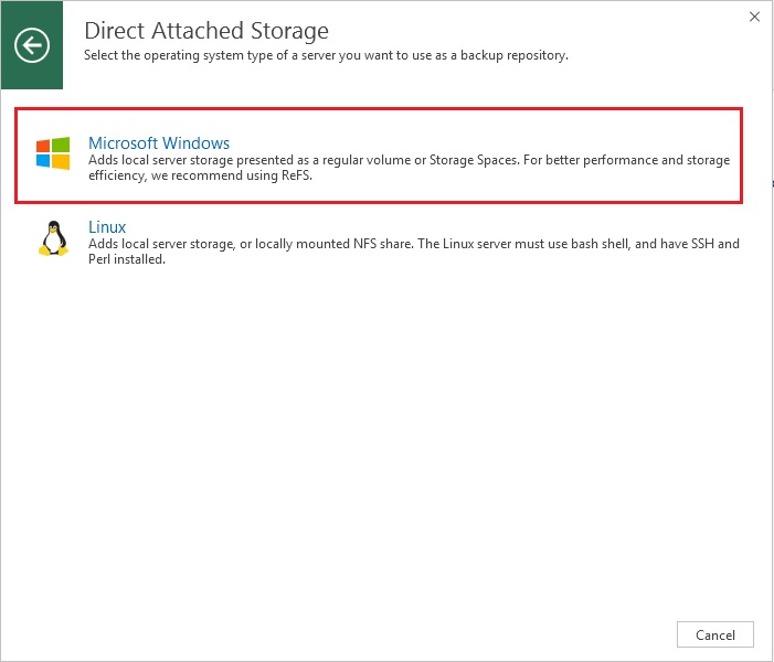 veeam direct attached storage microsoft windows