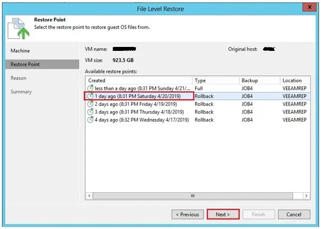 veeam file level restore point