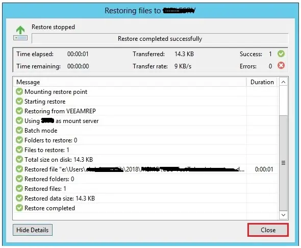 veeam restore completed successfully