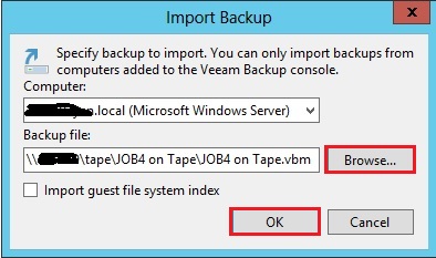veeam restore from tape specify backup to import